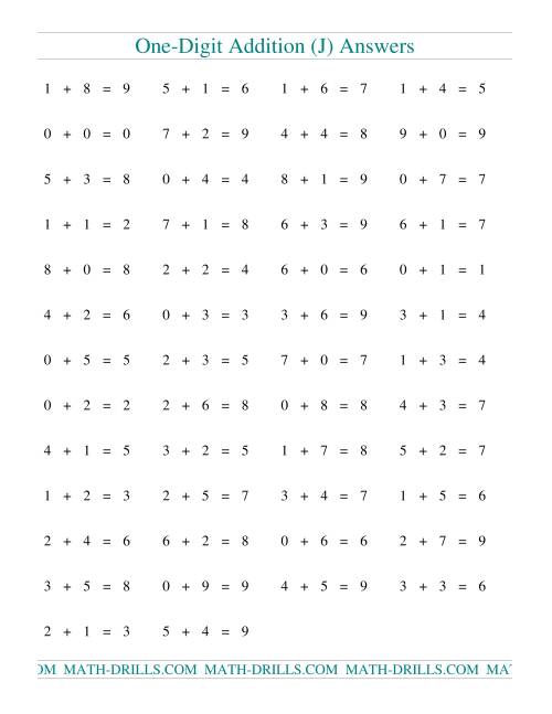 The Single Digit Addition -- 50 Horizontal Questions (J) Math Worksheet Page 2