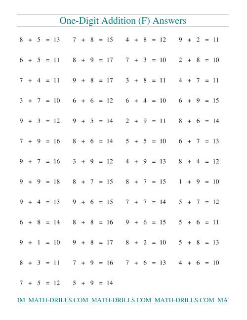 The Single Digit Addition -- 50 Horizontal Questions -- All Regrouping (F) Math Worksheet Page 2