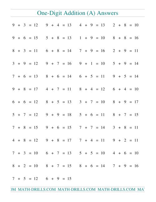 The Single Digit Addition -- 50 Horizontal Questions -- All Regrouping (All) Math Worksheet Page 2
