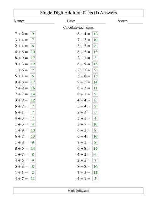 The Horizontally Arranged Single-Digit Addition Facts with Some Regrouping (50 Questions) (I) Math Worksheet Page 2