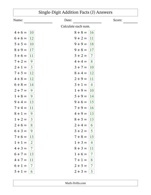 The Horizontally Arranged Single-Digit Addition Facts with Some Regrouping (50 Questions) (J) Math Worksheet Page 2