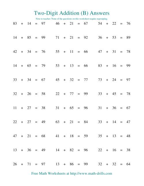 The Two-Digit Addition -- Horizontal -- No Regrouping (B) Math Worksheet Page 2