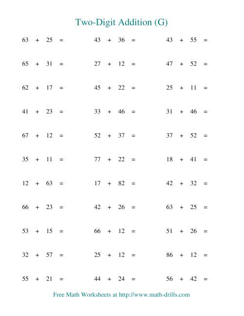 The Two-Digit Addition -- Horizontal -- No Regrouping (G) Math Worksheet