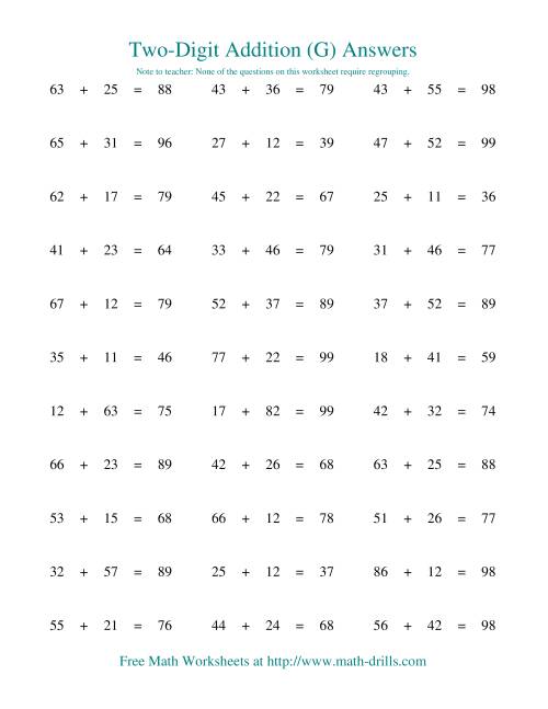 The Two-Digit Addition -- Horizontal -- No Regrouping (G) Math Worksheet Page 2