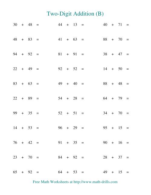 The Two-Digit Addition -- Horizontal -- Some Regrouping (B) Math Worksheet