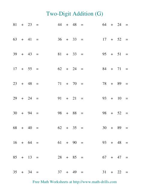 The Two-Digit Addition -- Horizontal -- Some Regrouping (G) Math Worksheet