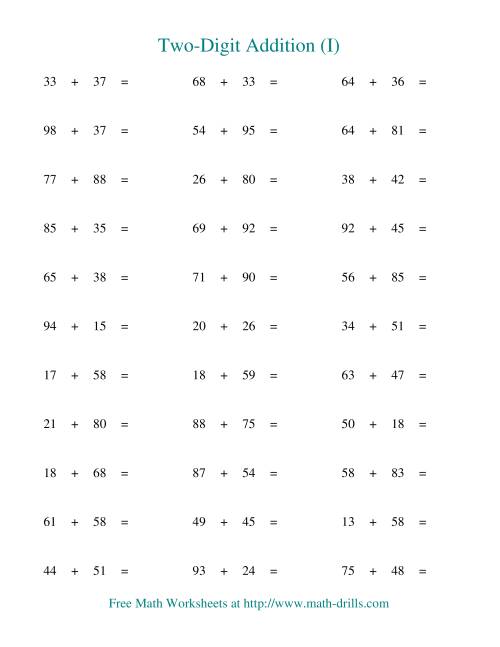 The Two-Digit Addition -- Horizontal -- Some Regrouping (I) Math Worksheet