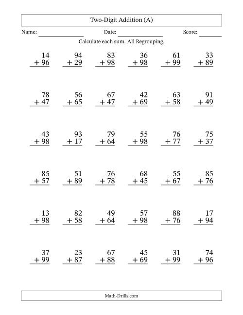 The Two-Digit Addition With All Regrouping – 36 Questions (A) Math Worksheet