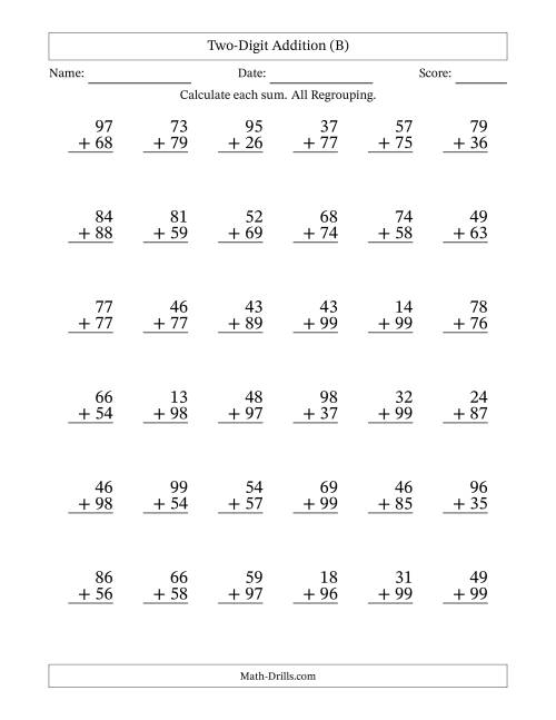 The Two-Digit Addition With All Regrouping – 36 Questions (B) Math Worksheet