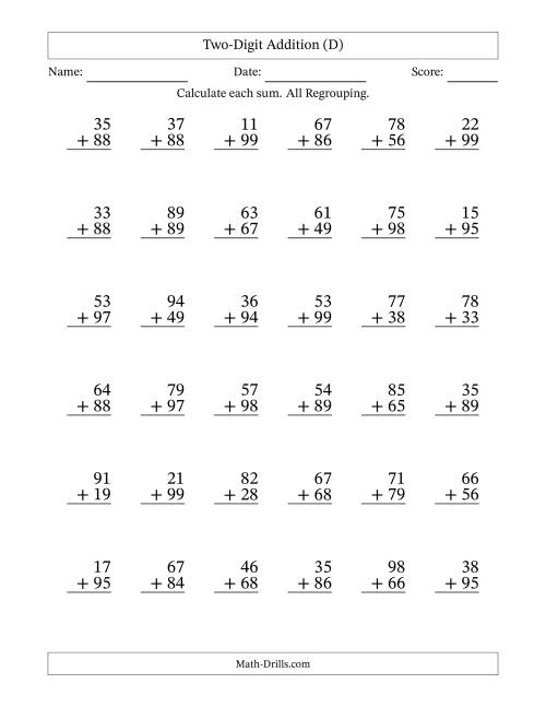 The Two-Digit Addition With All Regrouping – 36 Questions (D) Math Worksheet