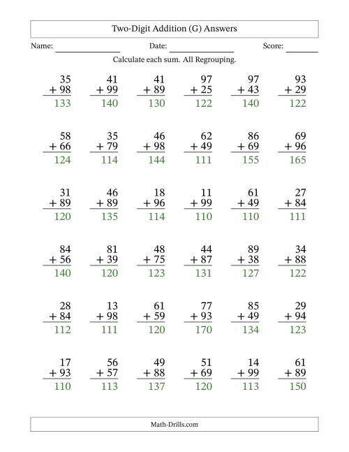The Two-Digit Addition With All Regrouping – 36 Questions (G) Math Worksheet Page 2