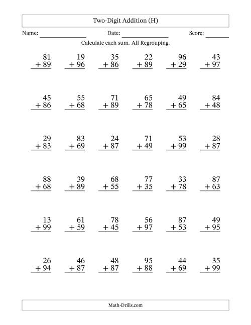 The Two-Digit Addition With All Regrouping – 36 Questions (H) Math Worksheet