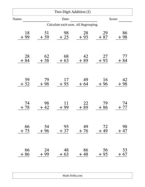 The Two-Digit Addition With All Regrouping – 36 Questions (I) Math Worksheet