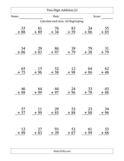 The Two-Digit Addition With All Regrouping – 36 Questions (J) Math Worksheet