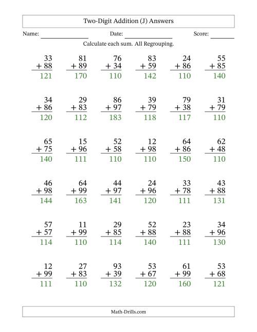 The Two-Digit Addition With All Regrouping – 36 Questions (J) Math Worksheet Page 2