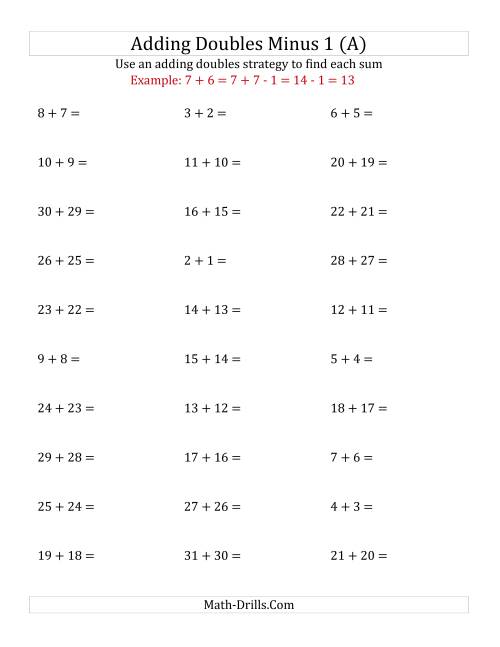 The Adding Doubles Minus 1 (Large Numbers) (A) Math Worksheet