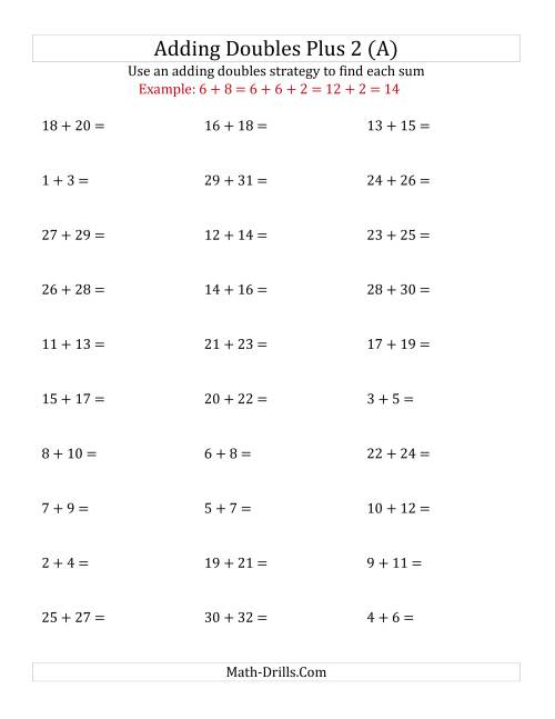 The Adding Doubles Plus 2 (Large Numbers) (A) Math Worksheet