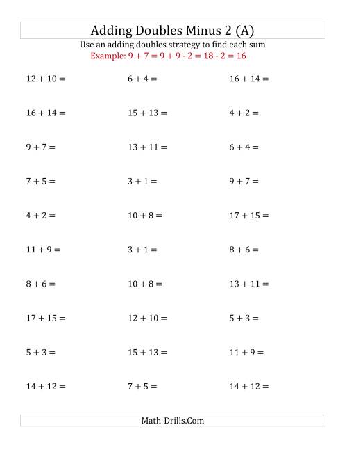 The Adding Doubles Minus 2 (Medium Numbers) (A) Math Worksheet