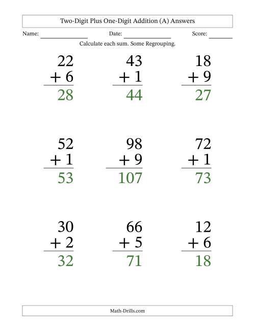 The Two-Digit Plus One-Digit Addition With Some Regrouping – 9 Questions – Large Print (A) Math Worksheet Page 2