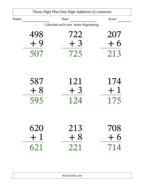 The Three-Digit Plus One-Digit Addition With Some Regrouping – 9 Questions – Large Print (A) Math Worksheet Page 2