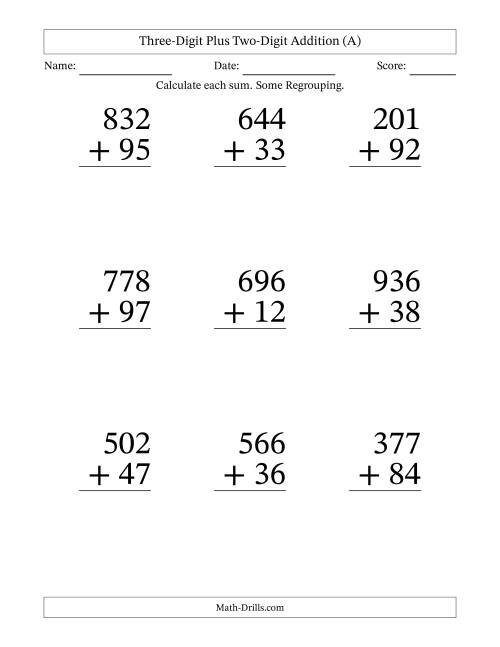 The Three-Digit Plus Two-Digit Addition With Some Regrouping – 9 Questions – Large Print (A) Math Worksheet
