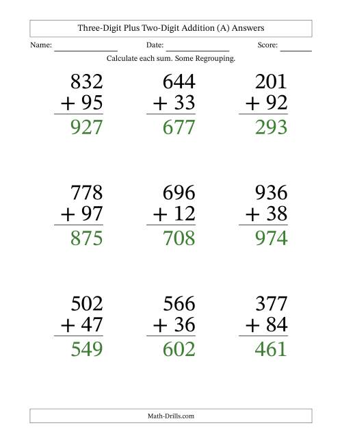 The Three-Digit Plus Two-Digit Addition With Some Regrouping – 9 Questions – Large Print (A) Math Worksheet Page 2