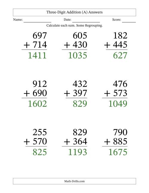 The Three-Digit Addition With Some Regrouping – 9 Questions – Large Print (A) Math Worksheet Page 2