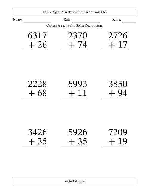 The Four-Digit Plus Two-Digit Addition With Some Regrouping – 9 Questions – Large Print (A) Math Worksheet