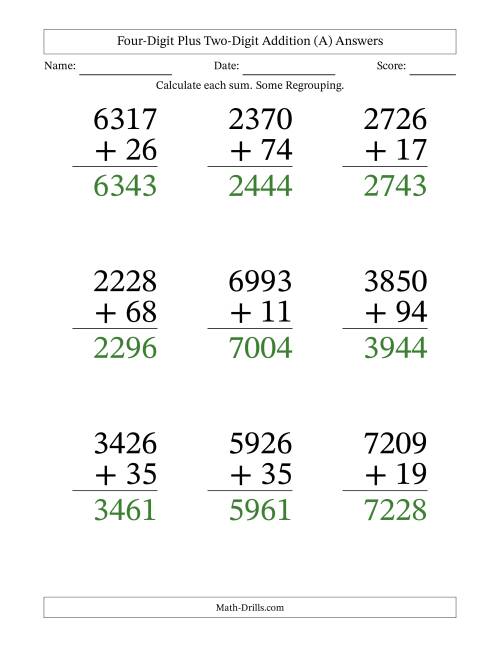 The Four-Digit Plus Two-Digit Addition With Some Regrouping – 9 Questions – Large Print (A) Math Worksheet Page 2