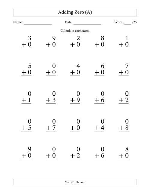 The Adding Zero to Single-Digit Numbers – 25 Large Print Questions (A) Math Worksheet