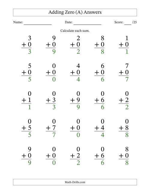 The Adding Zero to Single-Digit Numbers – 25 Large Print Questions (A) Math Worksheet Page 2