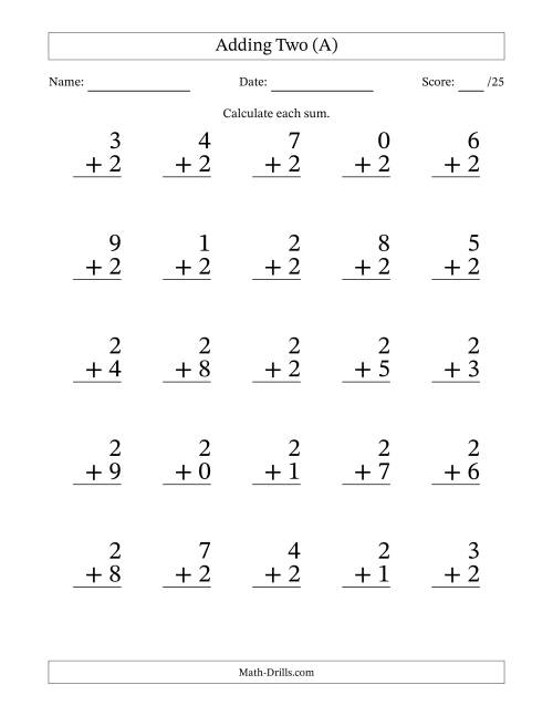 The Adding Two to Single-Digit Numbers – 25 Large Print Questions (A) Math Worksheet