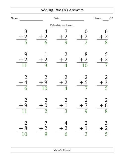 The Adding Two to Single-Digit Numbers – 25 Large Print Questions (A) Math Worksheet Page 2