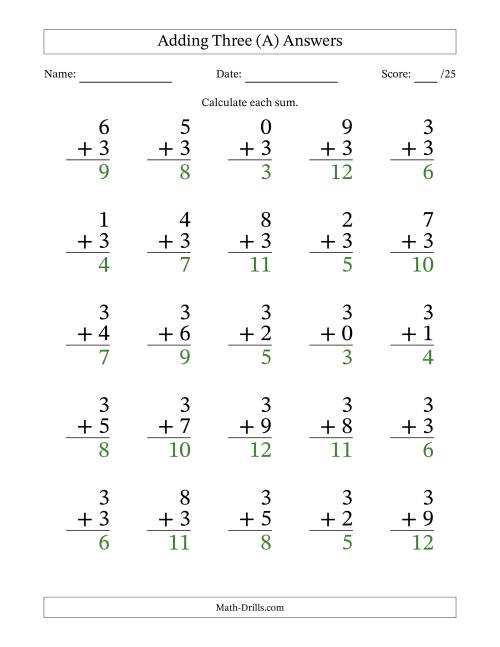 The Adding Three to Single-Digit Numbers – 25 Large Print Questions (A) Math Worksheet Page 2