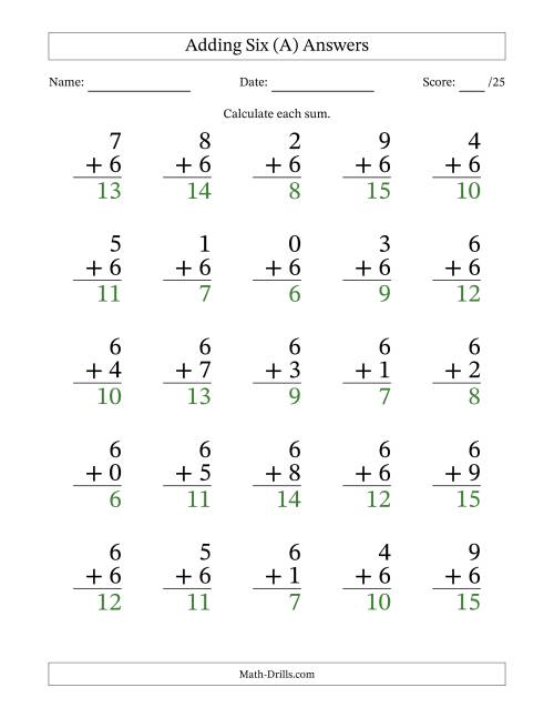 The Adding Six to Single-Digit Numbers – 25 Large Print Questions (A) Math Worksheet Page 2