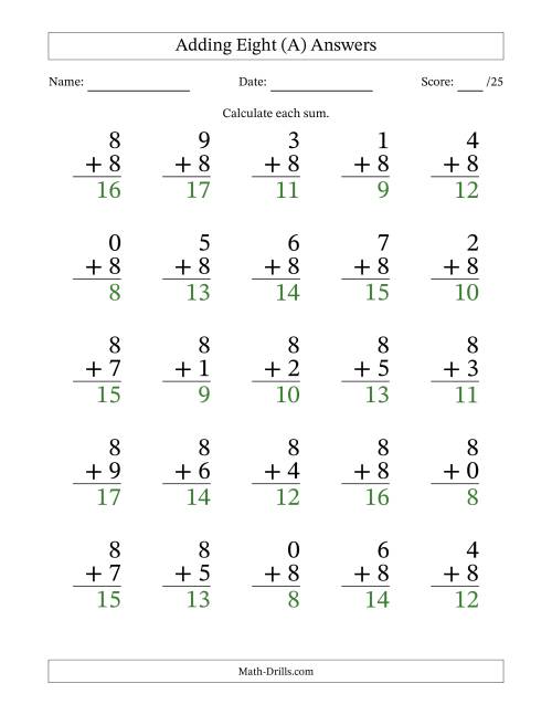 The Adding Eight to Single-Digit Numbers – 25 Large Print Questions (A) Math Worksheet Page 2