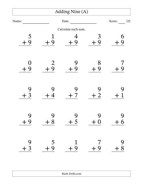 The Adding Nine to Single-Digit Numbers – 25 Large Print Questions (A) Math Worksheet