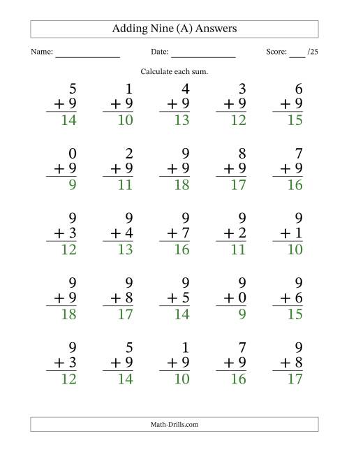 The Adding Nine to Single-Digit Numbers – 25 Large Print Questions (A) Math Worksheet Page 2