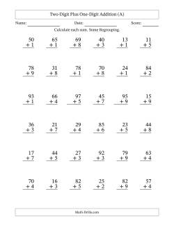 Two-Digit Plus One-Digit Addition With Some Regrouping – 36 Questions