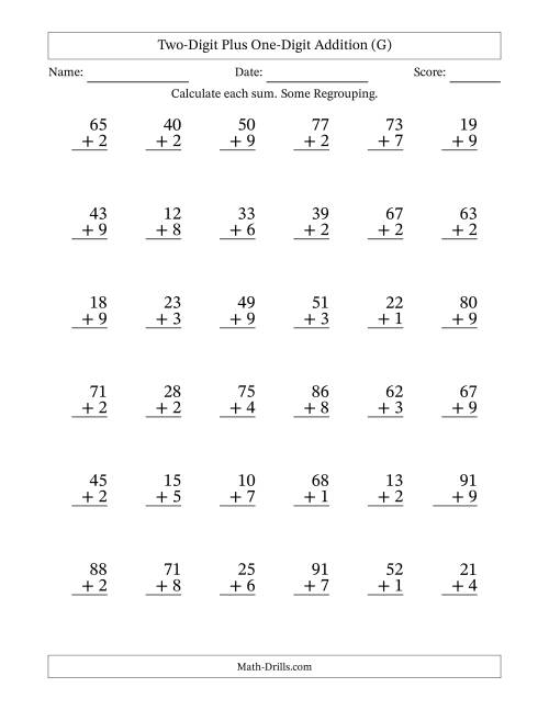 The Two-Digit Plus One-Digit Addition With Some Regrouping – 36 Questions (G) Math Worksheet