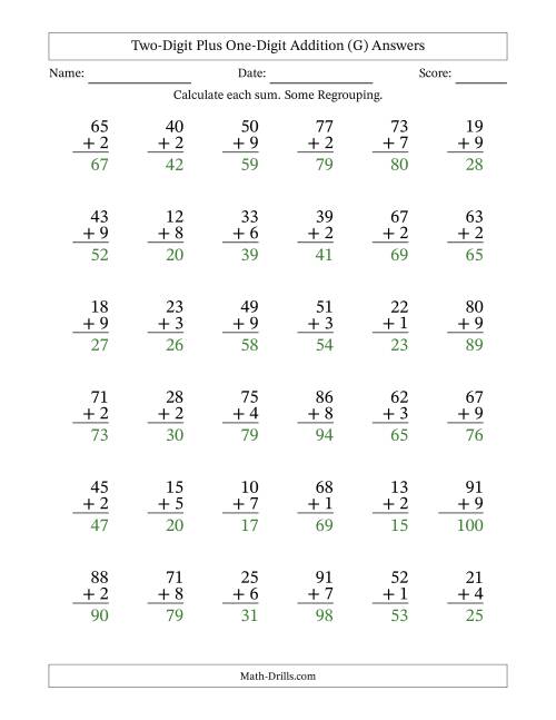 The Two-Digit Plus One-Digit Addition With Some Regrouping – 36 Questions (G) Math Worksheet Page 2