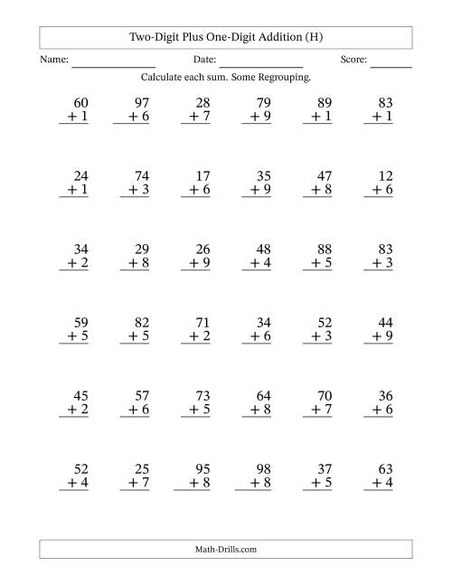 The Two-Digit Plus One-Digit Addition With Some Regrouping – 36 Questions (H) Math Worksheet