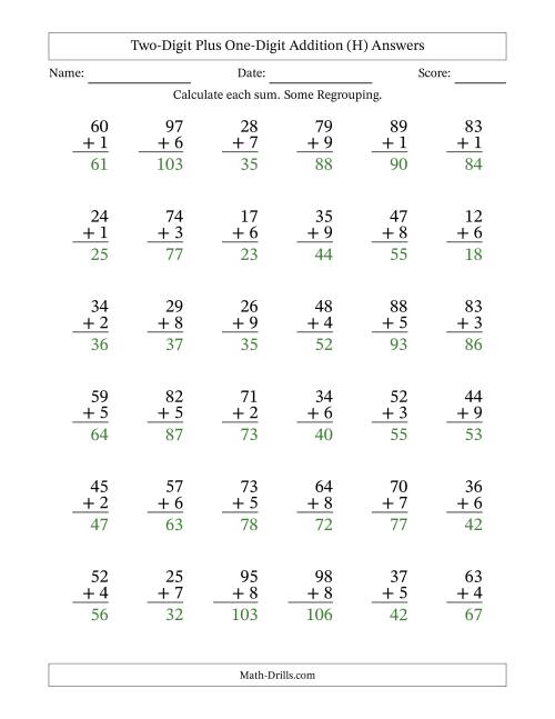 The Two-Digit Plus One-Digit Addition With Some Regrouping – 36 Questions (H) Math Worksheet Page 2