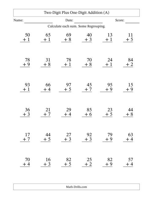 The Two-Digit Plus One-Digit Addition With Some Regrouping – 36 Questions (All) Math Worksheet