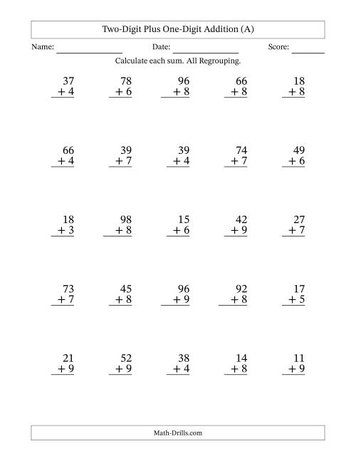 The Two-Digit Plus One-Digit Addition With All Regrouping – 25 Questions (A) Math Worksheet