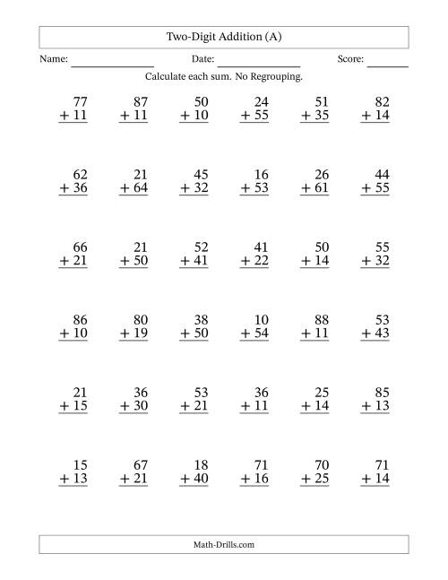 The Two-Digit Addition With No Regrouping – 36 Questions (A) Math Worksheet