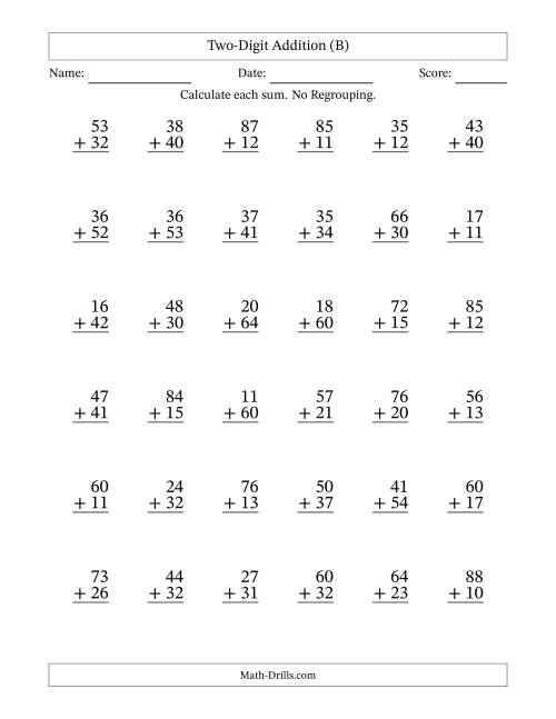 The Two-Digit Addition With No Regrouping – 36 Questions (B) Math Worksheet