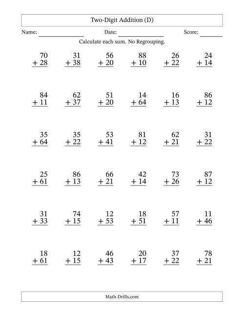 The Two-Digit Addition With No Regrouping – 36 Questions (D) Math Worksheet