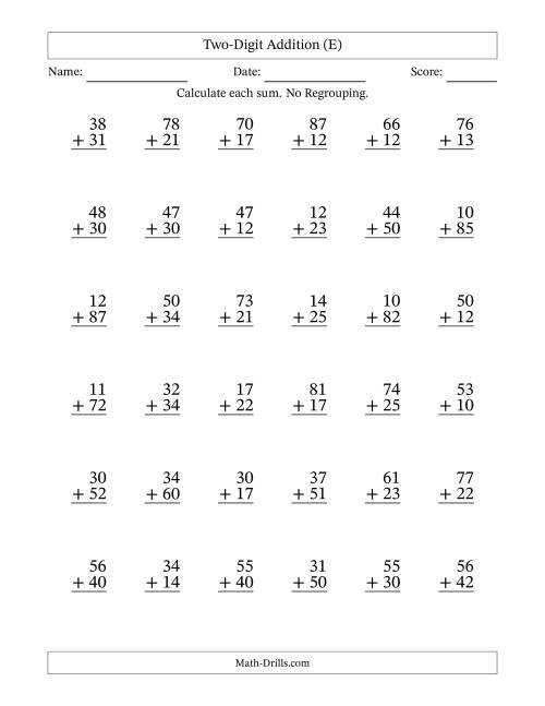 The Two-Digit Addition With No Regrouping – 36 Questions (E) Math Worksheet