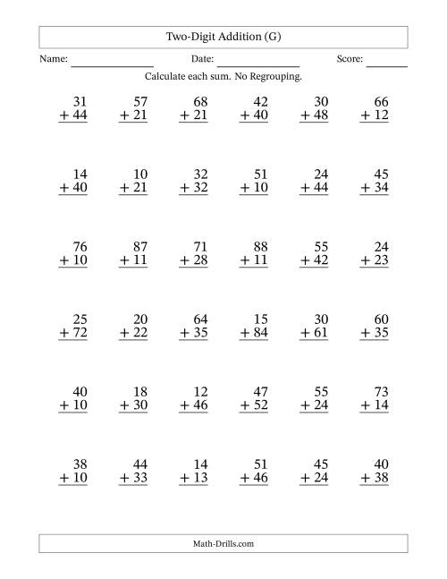 The Two-Digit Addition With No Regrouping – 36 Questions (G) Math Worksheet